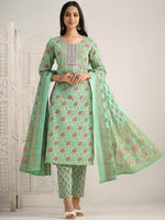Thumbnail for Sangria Floral Printed Gotta Patti Pure Cotton Kurta With Trouser & Dupatta - Distacart