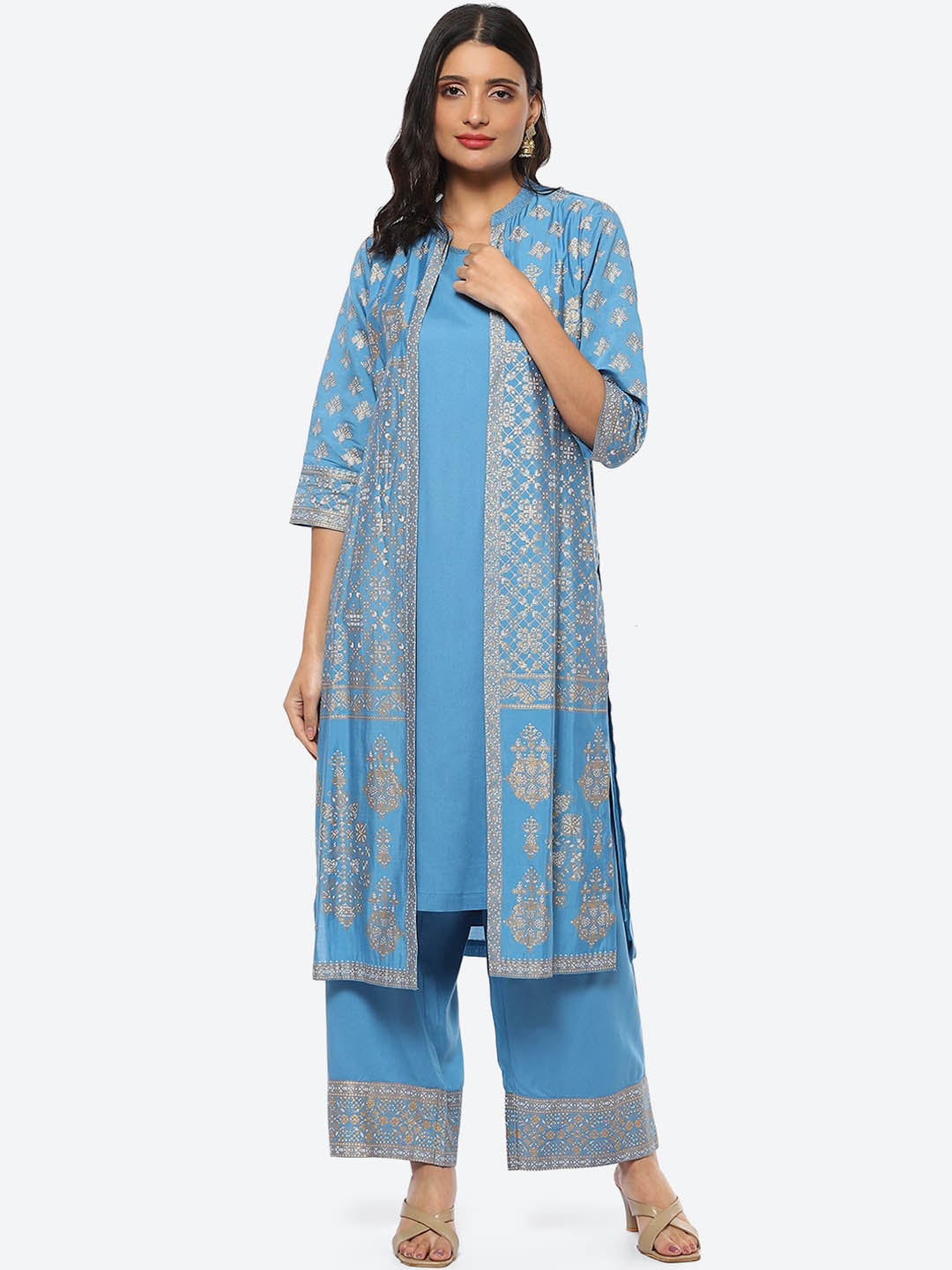 Biba Kurta With Palazzos & Printed Jacket - Distacart