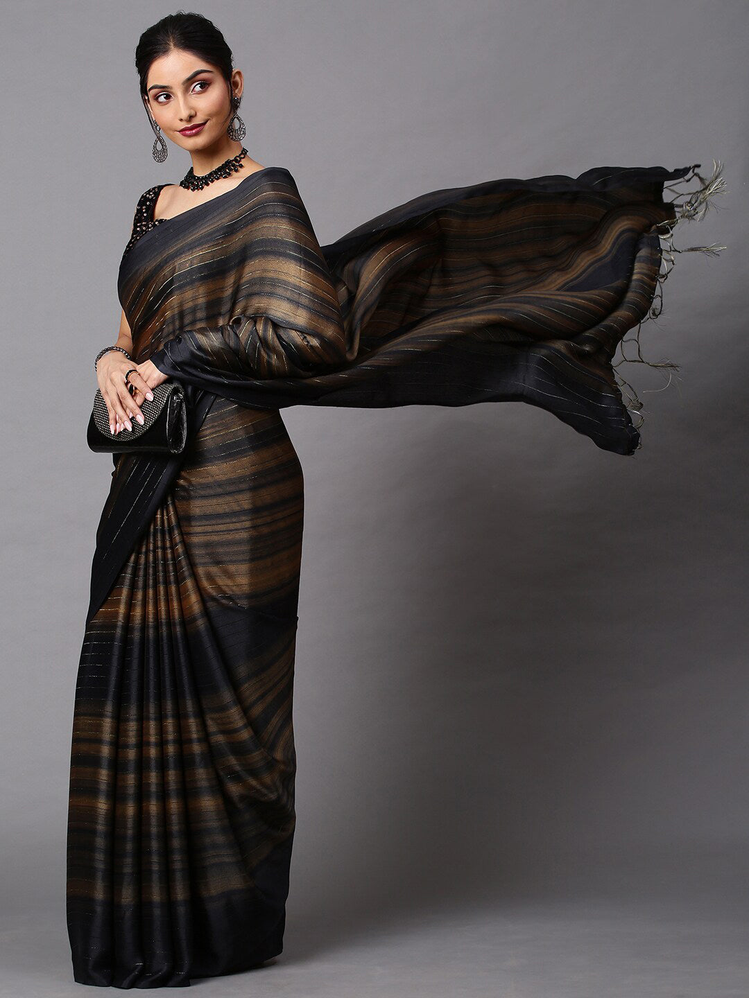 Mitera Black & Tan Striped Party Wear Saree - Distacart