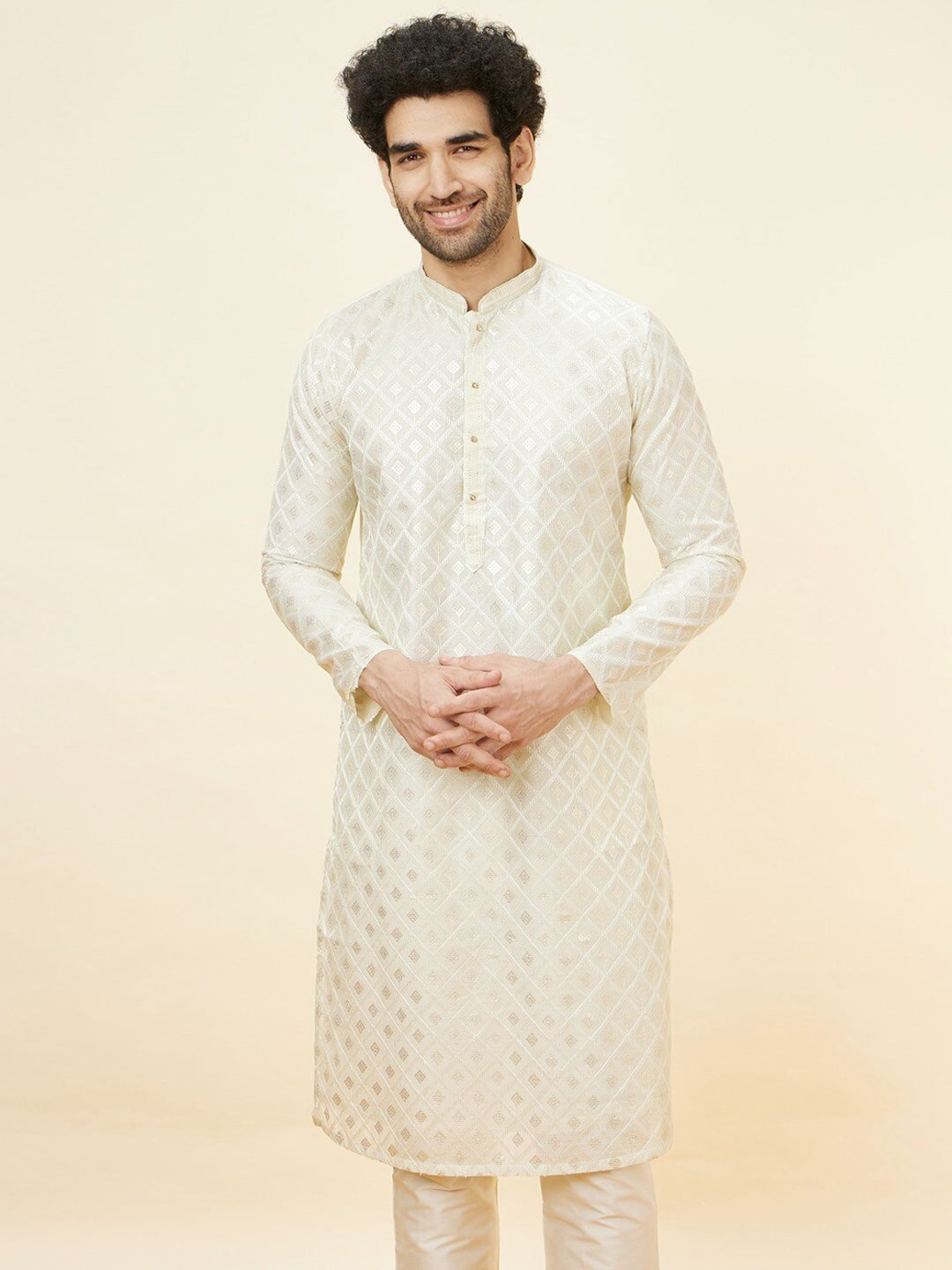 Manyavar Geometric Embroidered Chanderi Cotton Kurta with Pyjamas - Distacart