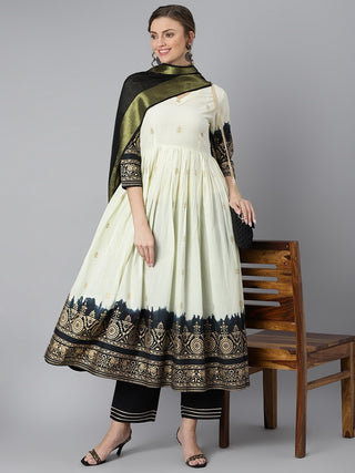 Khushal K Women Cream-Coloured & Black Printed Kurta with Palazzos & Dupatta - Distacart