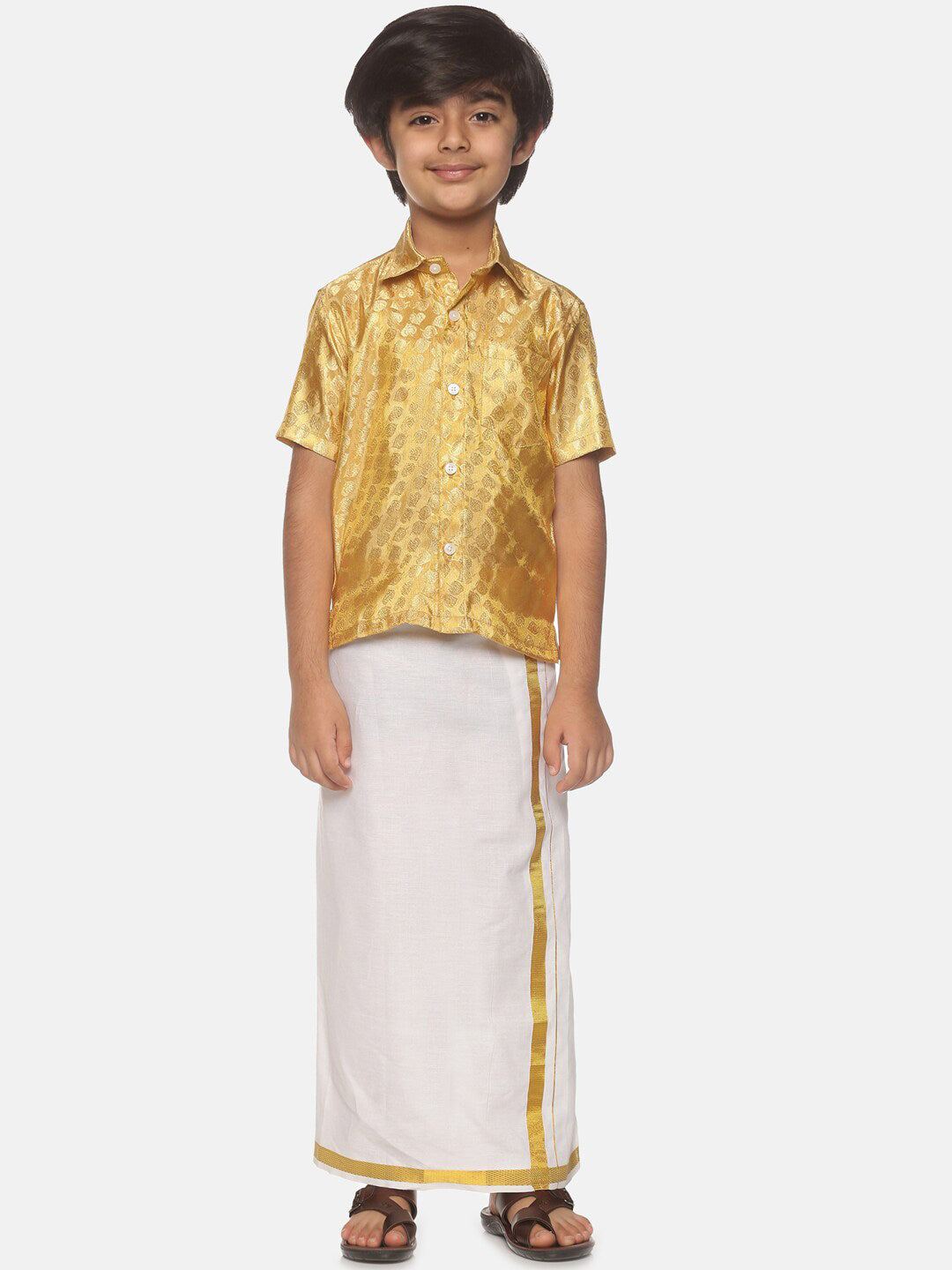 Sethukrishna Boys Gold-Toned & White Solid Shirt and Dhoti Set - Distacart