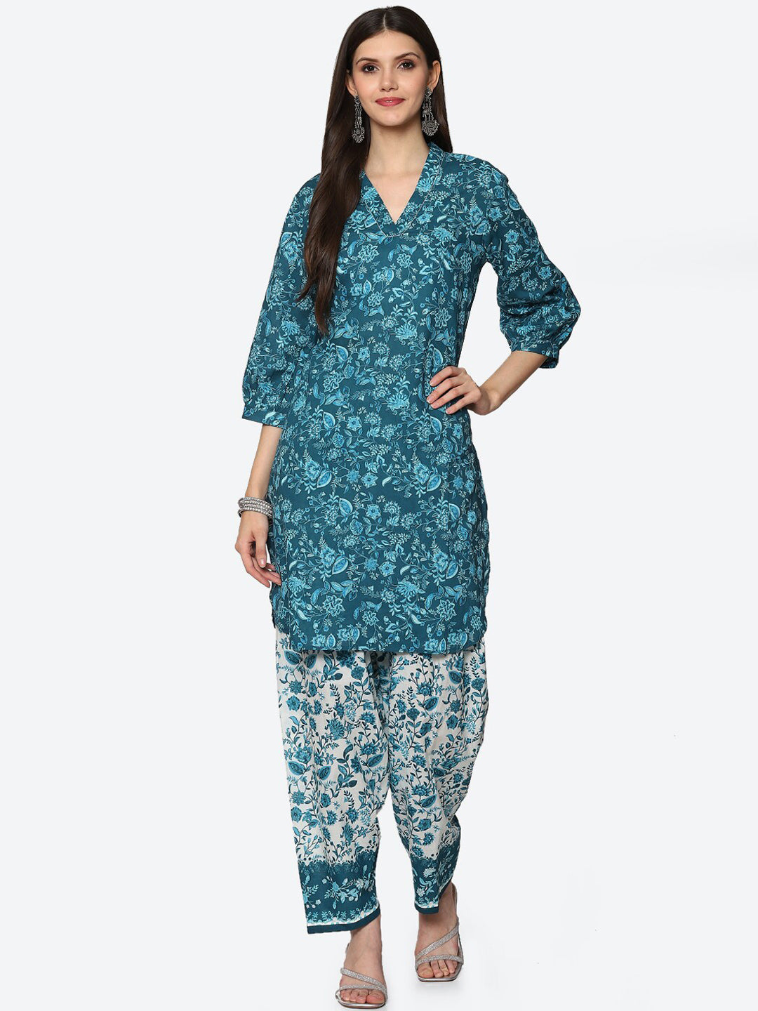 Biba Women Teal Floral Printed Kurti with Salwar - Distacart