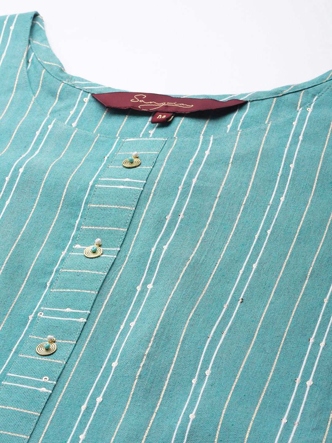 Sangria Women Sea Green & White Striped Sequin Detail Kurta - Distacart