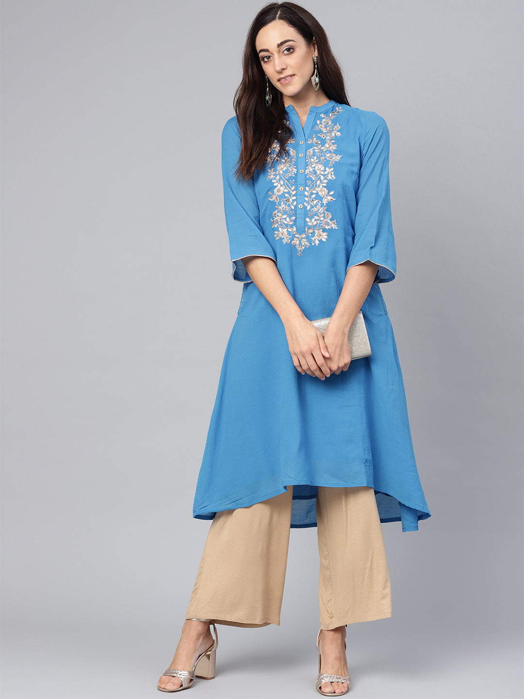 Biba Women Blue Floral Yoke Design Gotta Patti A-Line Kurta - Distacart