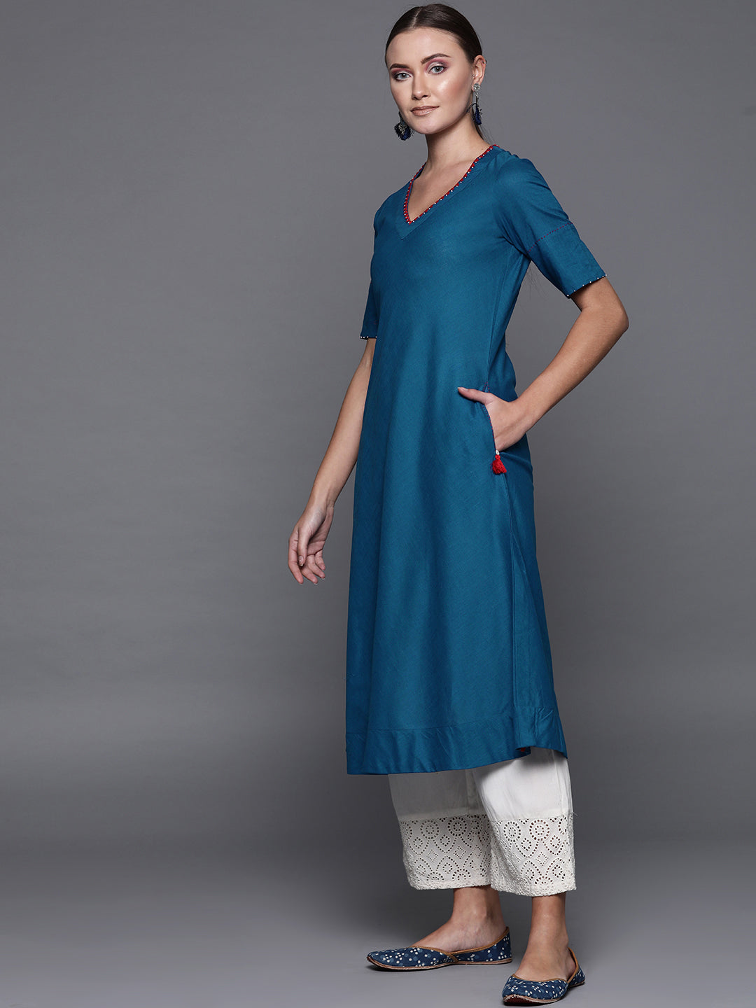 Biba Women Teal Blue Solid A-Line Kurta - Distacart