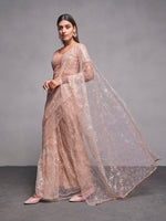 Thumbnail for Mitera Peach-Coloured & Silver-Toned Ethnic Motifs Embroidered Net Saree - Distacart