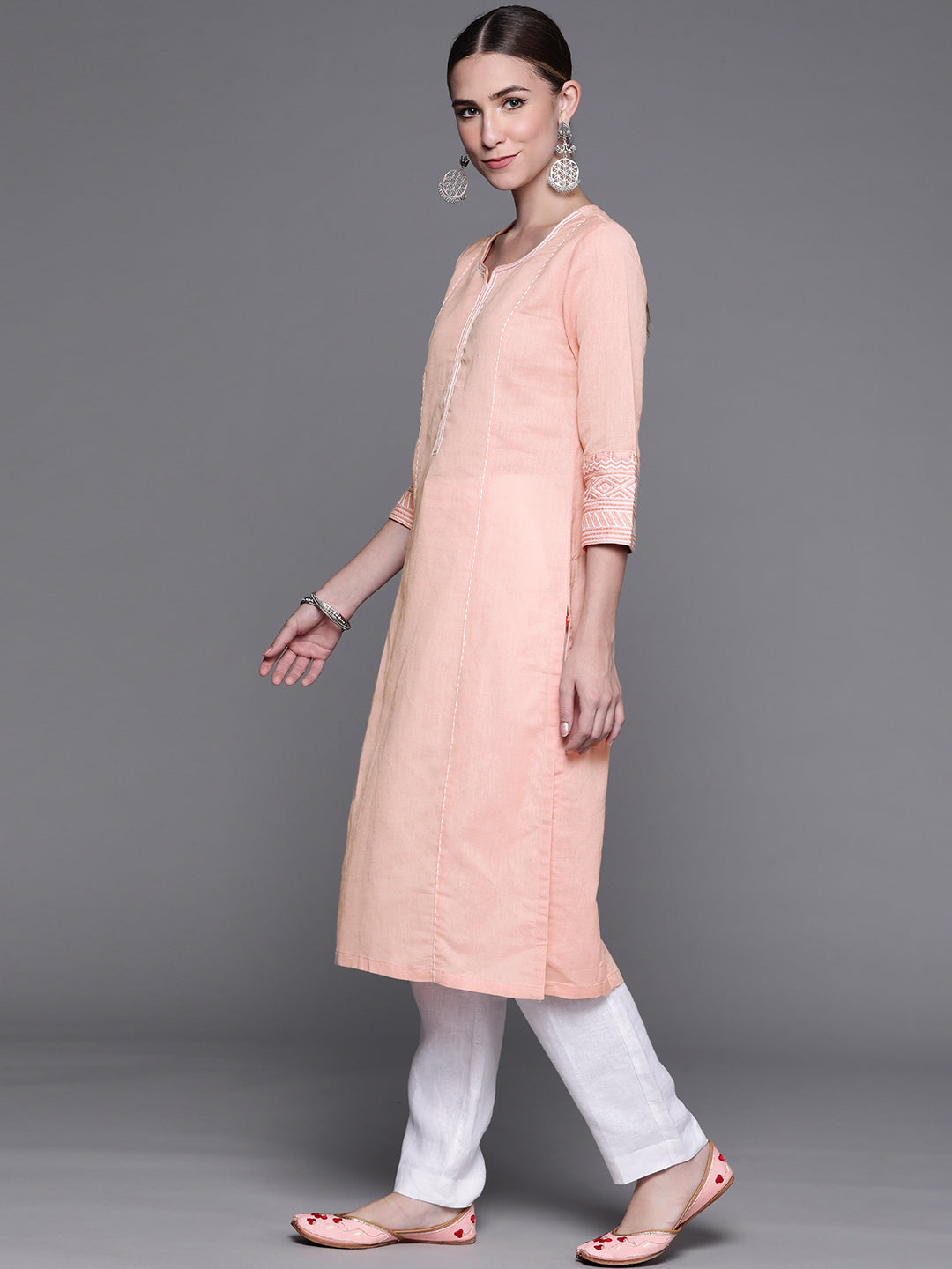 Biba Women Peach-Coloured Cotton Linen Solid Thread Work Kurta - Distacart