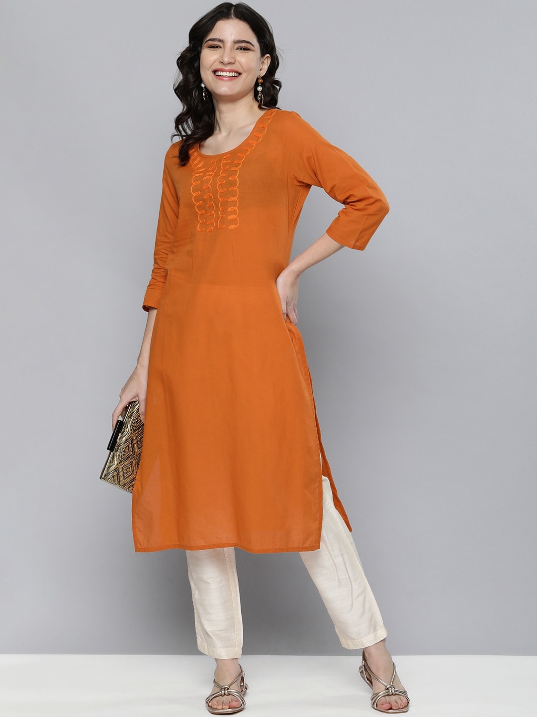 HERE&NOW Women Orange Embroidered Kurta - Distacart