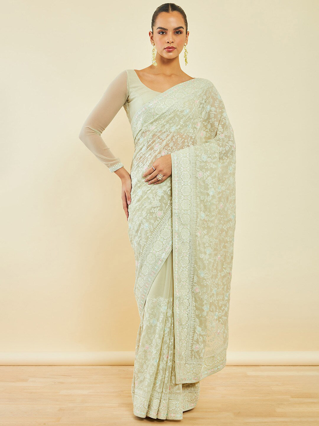 Soch Green Floral Embroidered Beads and Stones Detailed Saree - Distacart