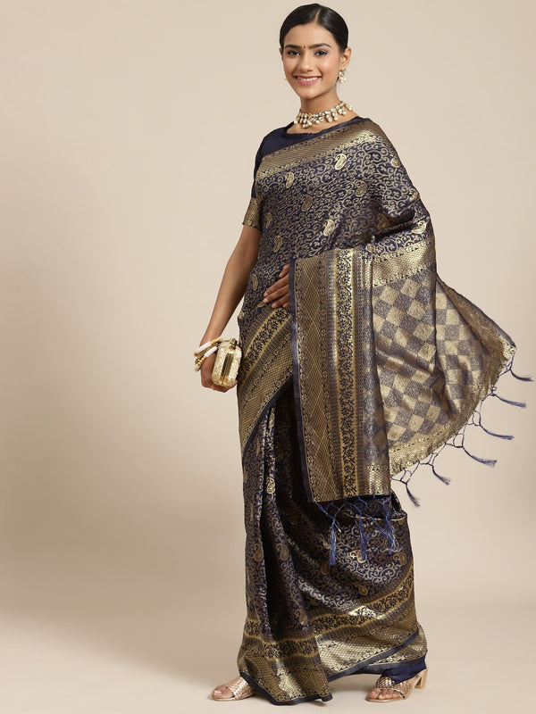 Saree Mall Navy Blue & Gold-Toned Ethnic Motifs Zari Silk Blend Banarasi Sarees - Distacart