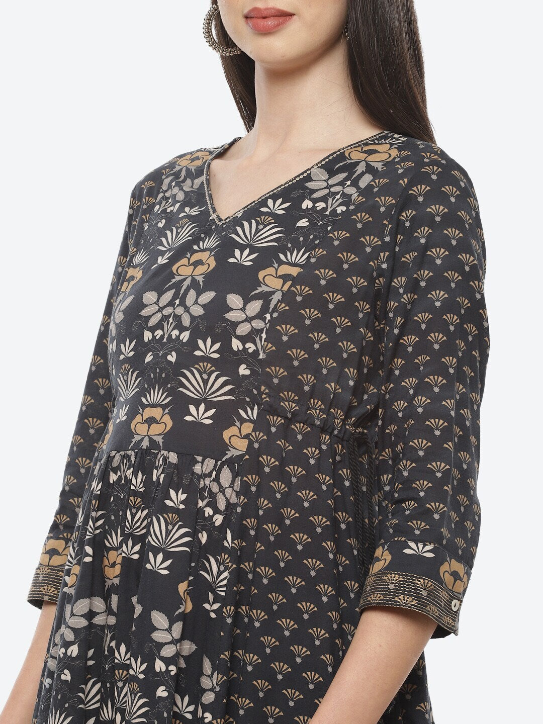 Biba Women Black Ethnic Motifs Printed Panelled Pure Cotton Kurta with Palazzos - Distacart