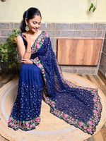 Thumbnail for Mitera Navy Blue & Pink Floral Embroidered Georgette Saree - Distacart