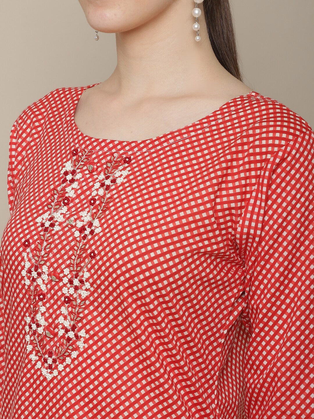Sangria Women Red & White Cotton Checked Yoke Design Thread Work Kurta - Distacart