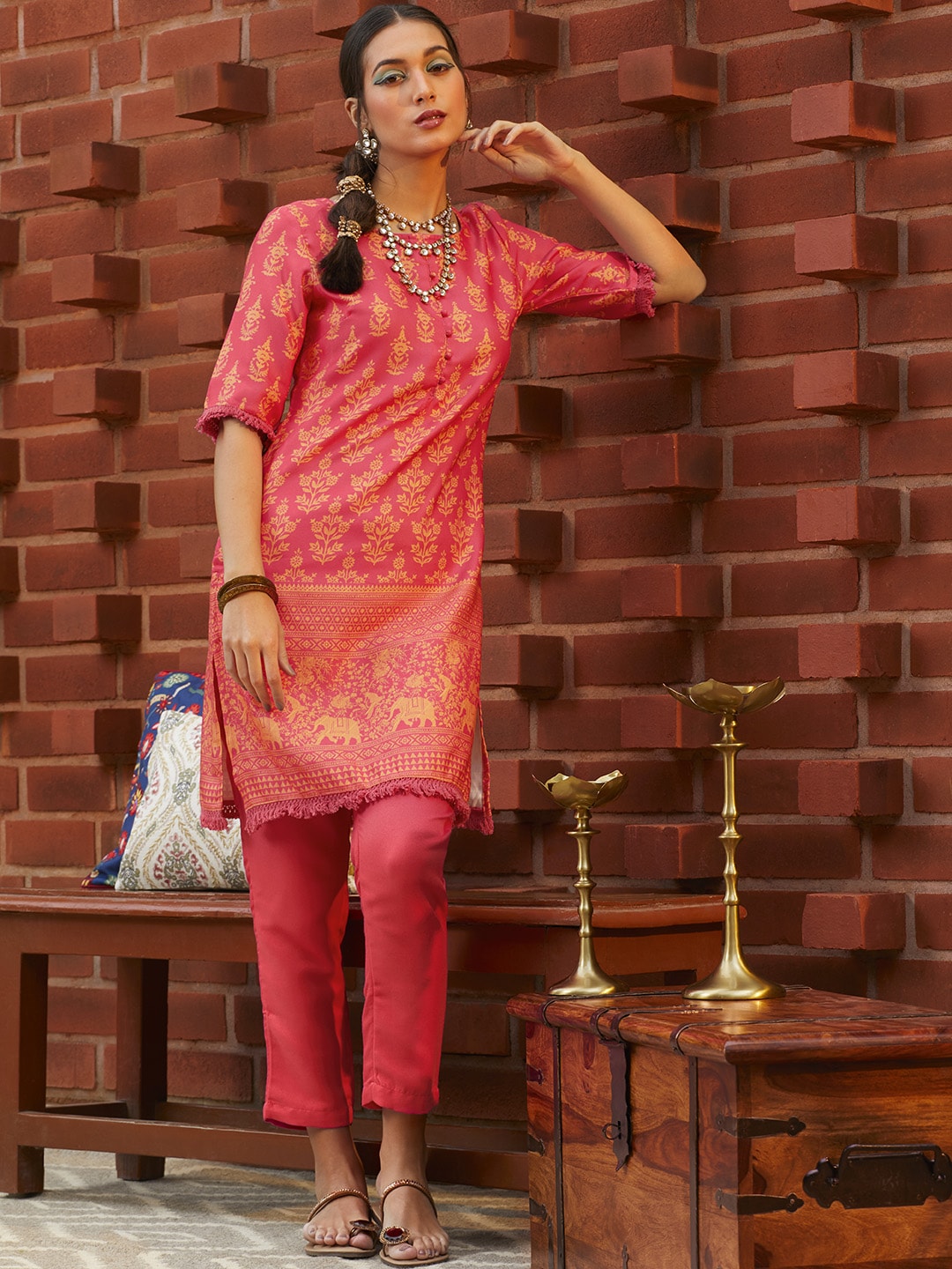 Sangria Women Pink & Yellow Ethnic Motifs Printed Kurta with Trousers - Distacart