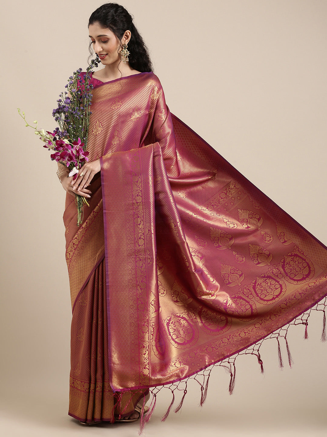 Saree Mall Magenta Ethnic Motifs Zari Silk Blend Banarasi Saree - Distacart