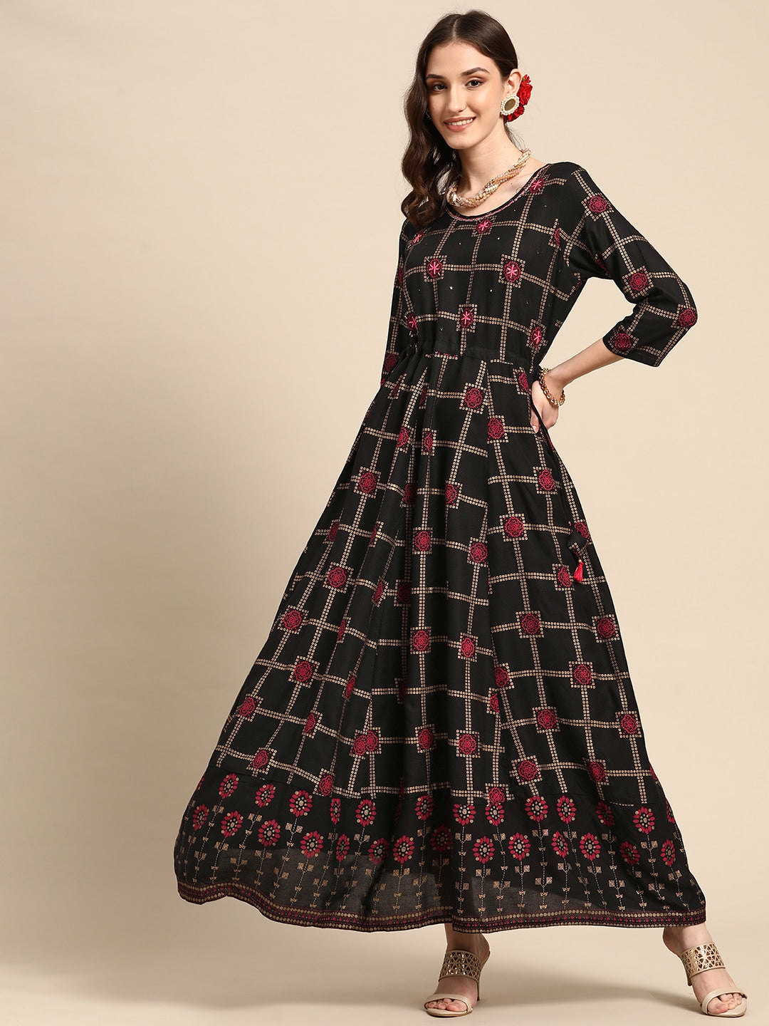 Sangria Women Black Checked Viscose Rayon Anarkali Kurta - Distacart