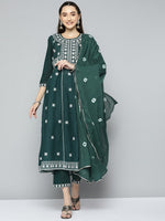 Thumbnail for HERE&NOW Women Green & White Ethnic Motifs Embroidered Kurta with Trousers & With Dupatta - Distacart