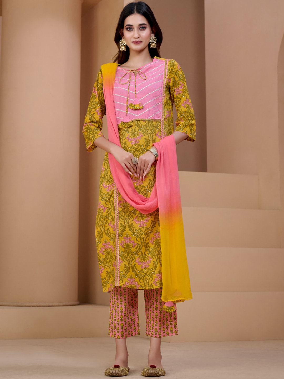 Sangria Yellow & Peach Floral Printed Pure Cotton Straight Kurta With Trousers & Dupatta - Distacart