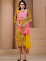 Thumbnail for Sangria Yellow & Peach Floral Printed Pure Cotton Straight Kurta With Trousers & Dupatta - Distacart