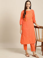 Thumbnail for Sangria Women Orange & Yellow Printed Kurta with Trousers - Distacart