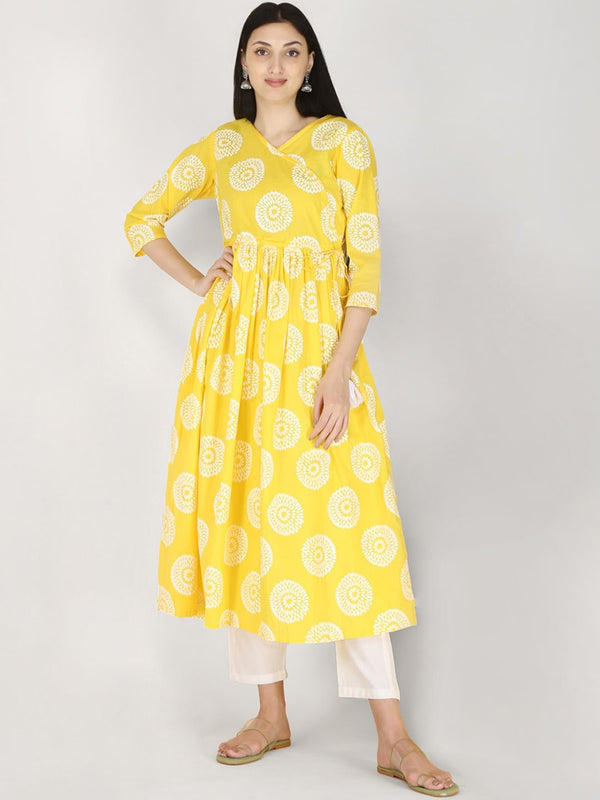 Kalini Women Yellow & White Ethnic Motifs Printed Floral Anarkali Pure Cotton Kurta - Distacart