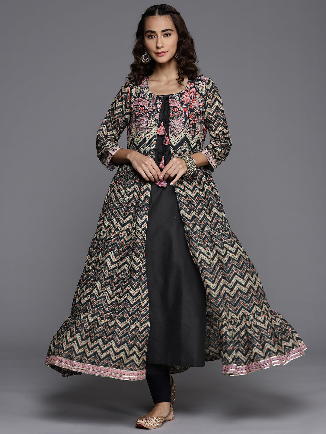 Biba Women Black & Beige Chevron Printed Anarkali Kurta - Distacart