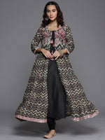 Thumbnail for Biba Women Black & Beige Chevron Printed Anarkali Kurta - Distacart