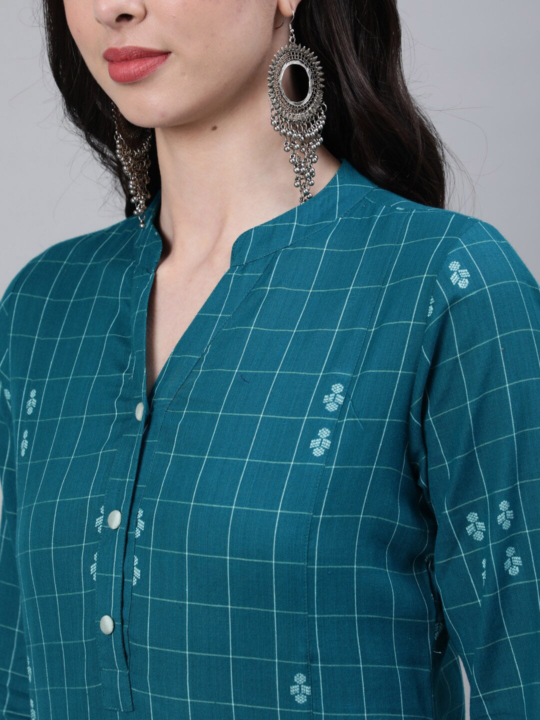 Jaipur Kurti Women Teal Checked Kurta - Distacart