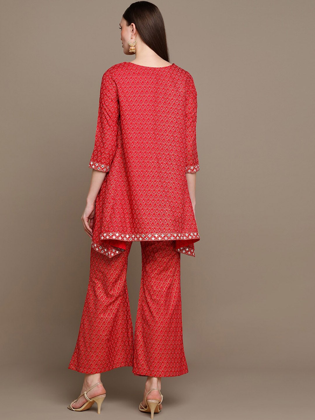 HERE&NOW Embroidered Ethnic Motifs Printed Mirror Work Asymmetric Kurti with Palazzos - Distacart