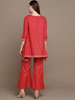 Thumbnail for HERE&NOW Embroidered Ethnic Motifs Printed Mirror Work Asymmetric Kurti with Palazzos - Distacart