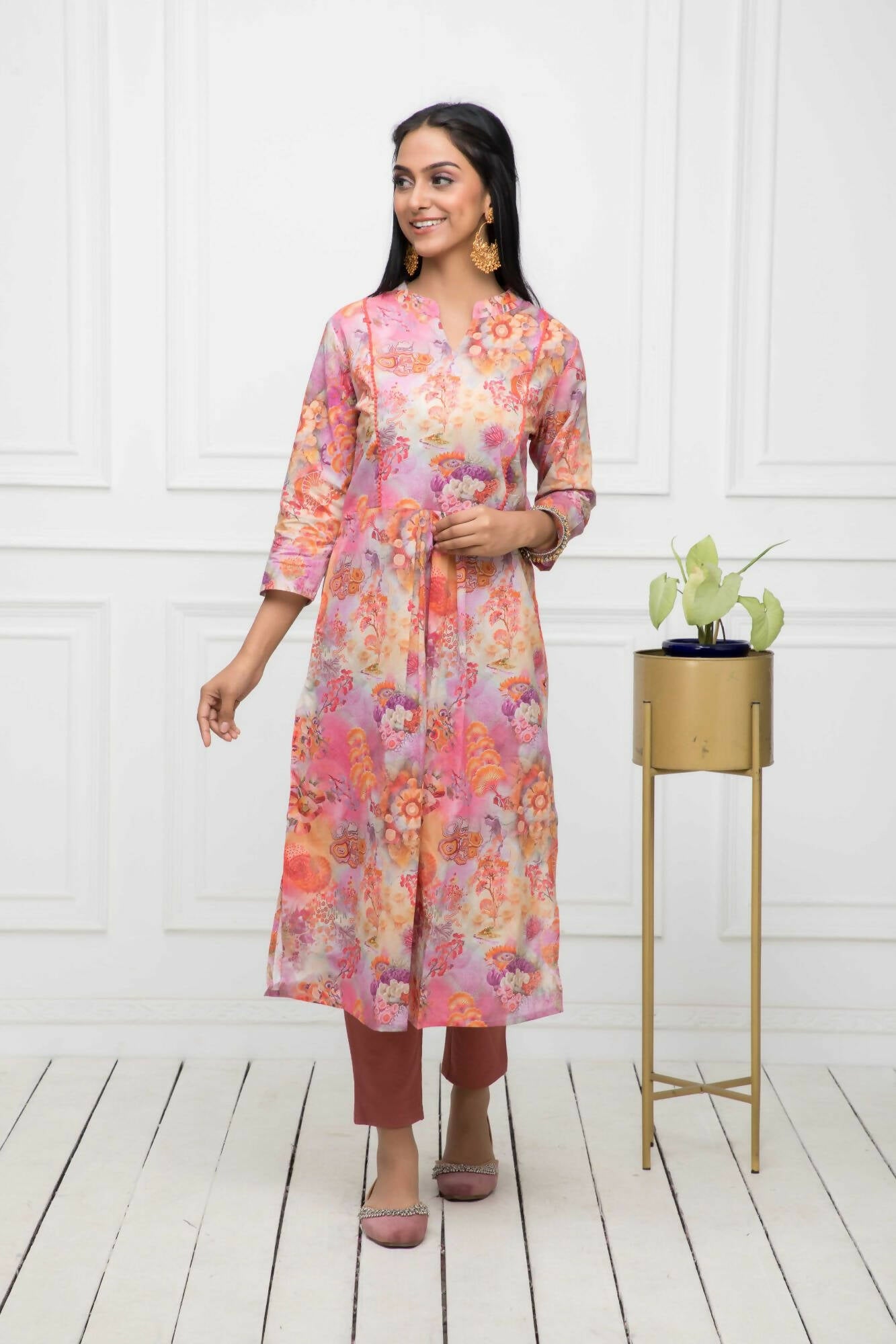 Myshka Multi Floral Women Cotton A-Line Round Neck Kurtas - Distacart