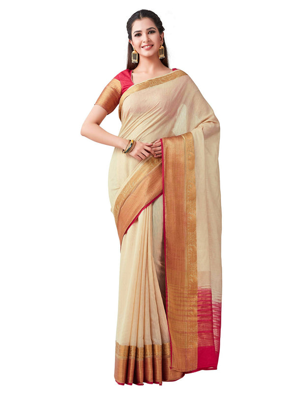 Mimosa Women's Beige Kanchipuram Linen Saree - Distacart