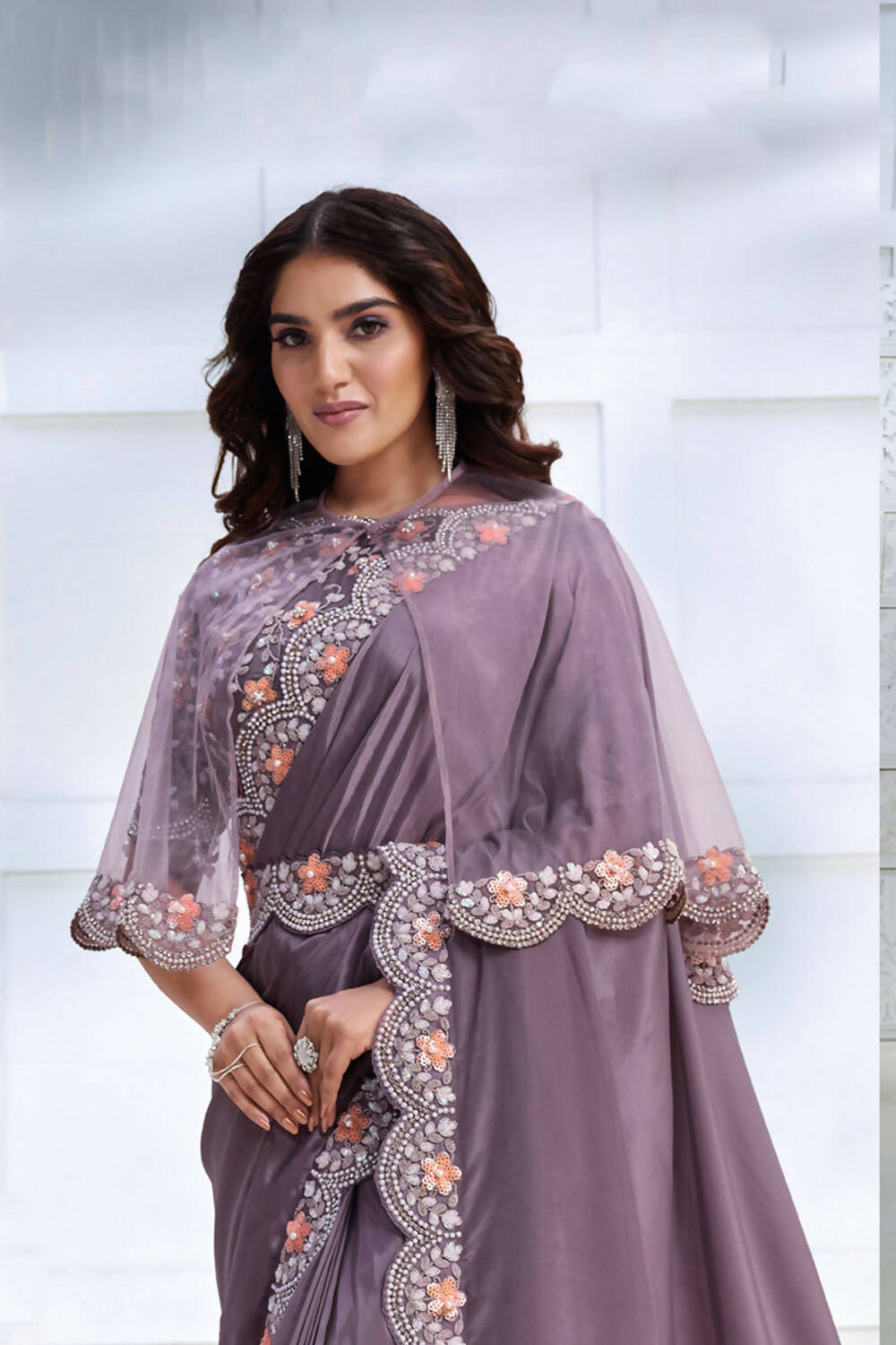 Lavender Crepe satin silk Cord & Sequence Embroidered with Stone work Saree - Mohmanthan Majestica - Distacart