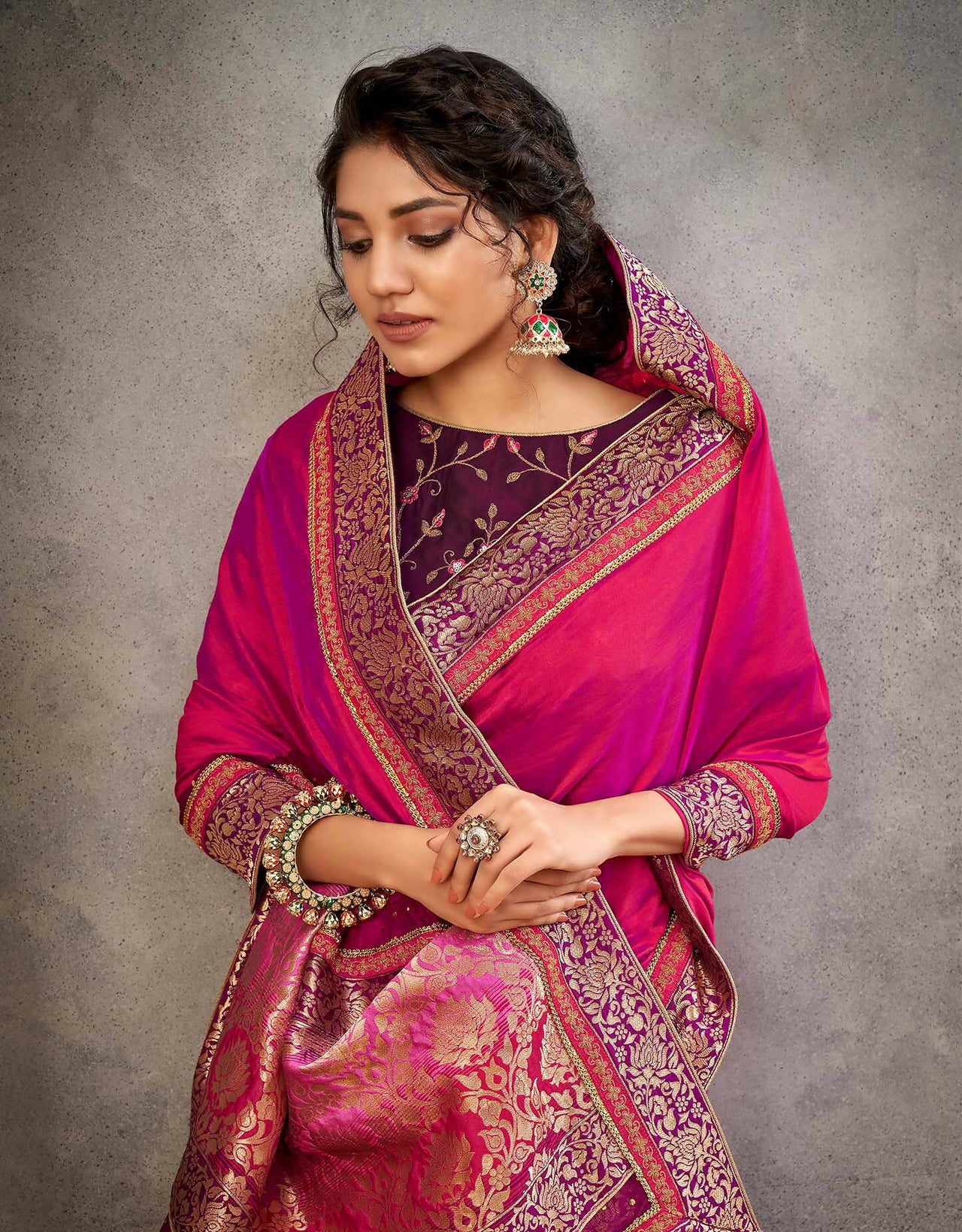 Pinkish-Purple Dual Tone Silk Georgette Thread, Zari And Cord Embroidery, Handwork Butta Saree - Norita Arinya - Distacart