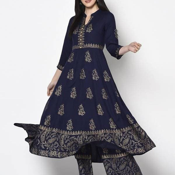 Aniyah Rayon Navy Blue Color Block Print Anarkali Palazzo Set (AN-210K)