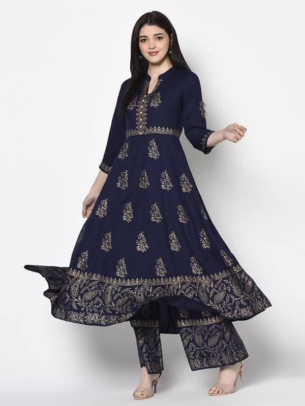 Aniyah Rayon Navy Blue Color Block Print Anarkali Palazzo Set (AN-210K)