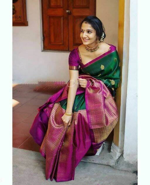 DEIANA'S Beautiful Golden Jari with New Design Soft Lichi Silk Saree - Green - Distacart