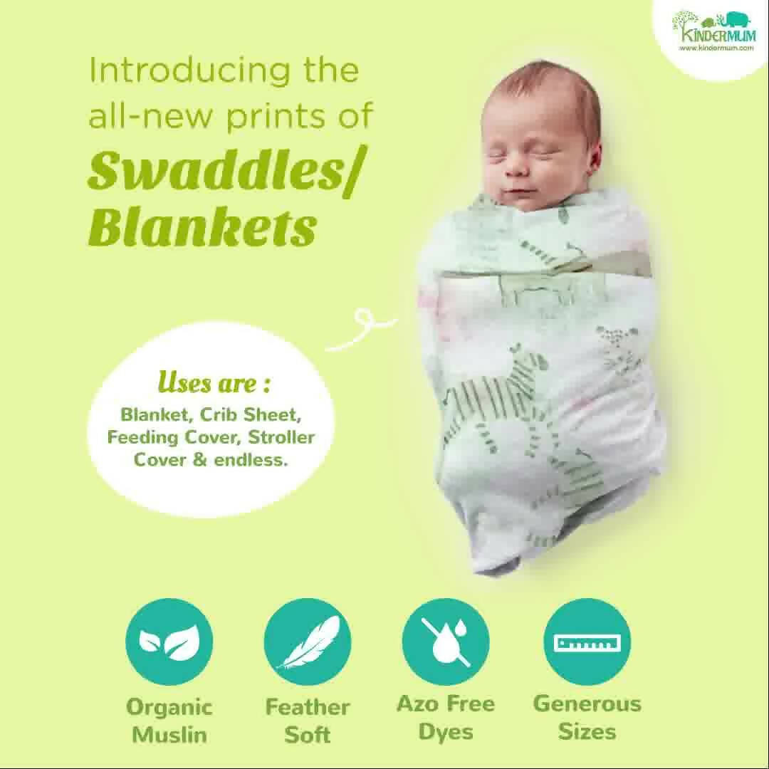 Kindermum Organic Cotton Muslin Swaddle Blanket 100 Cm X 100 Cm - Set Of 2 - Jungle Safari And Tiny Animals - Distacart