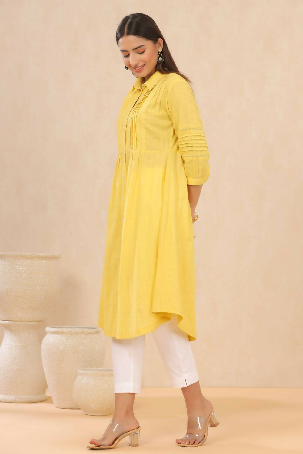 Juniper Womens Blush Yellow Cotton Slub Solid Mid Length Shirt Dress With Lace Detailing - Distacart