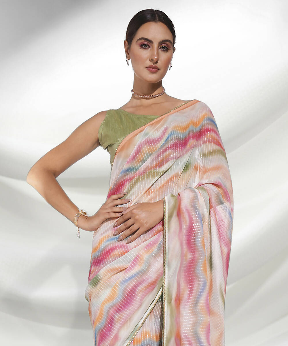 Pink Georgette Sequence Embroidery Saree With Unstitched Blouse Piece - Rajal - Distacart