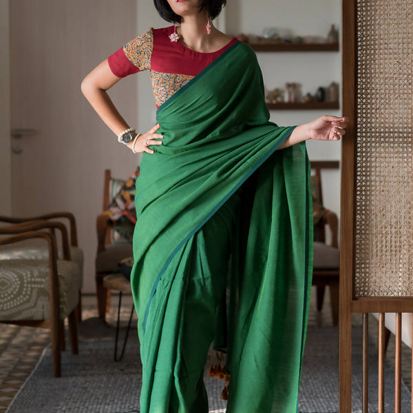 Suta Green Solid Cotton Blend Saree - Distacart