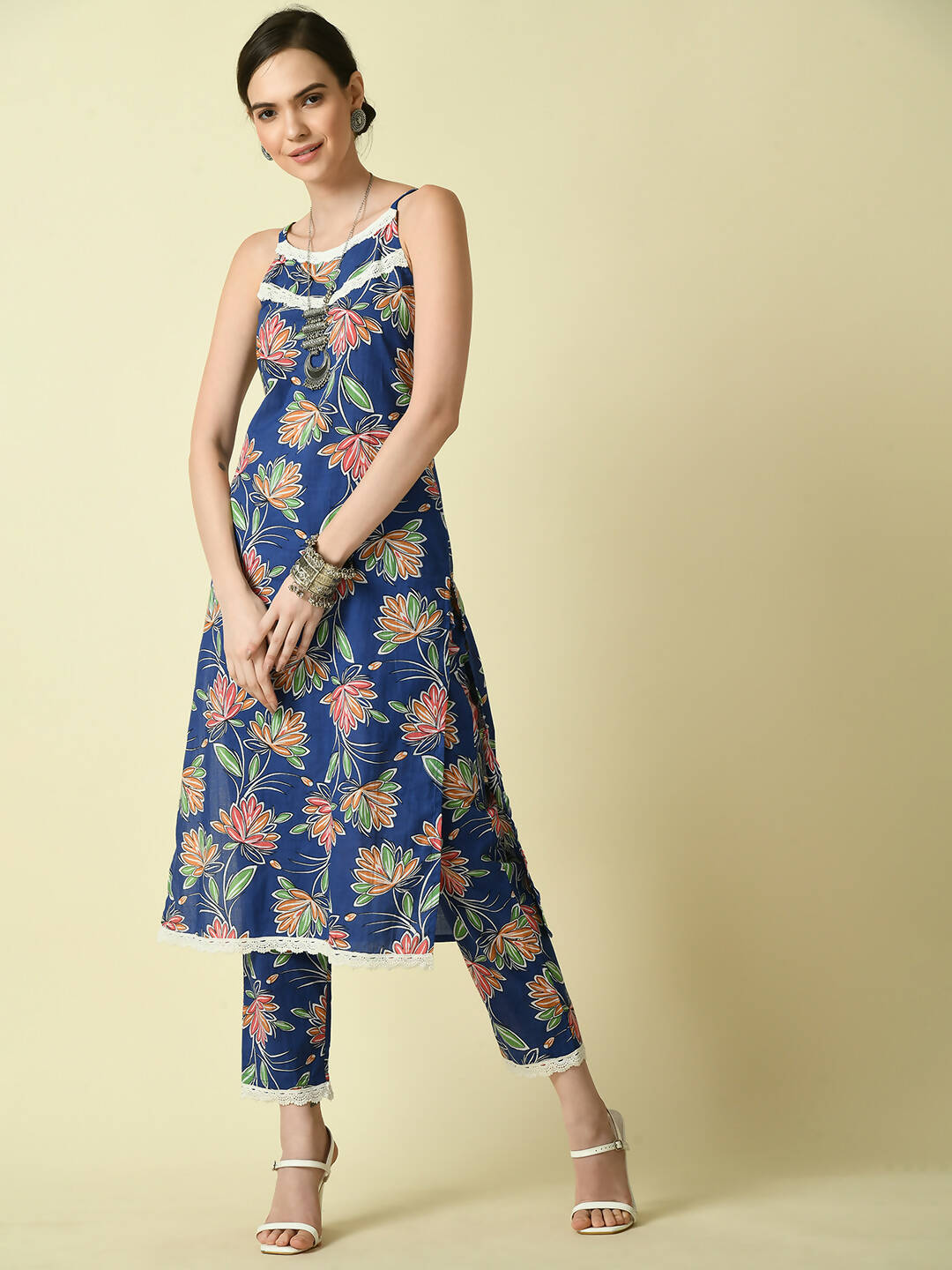 Myshka Women's Blue Printed Kurta With Trouser - Distacart