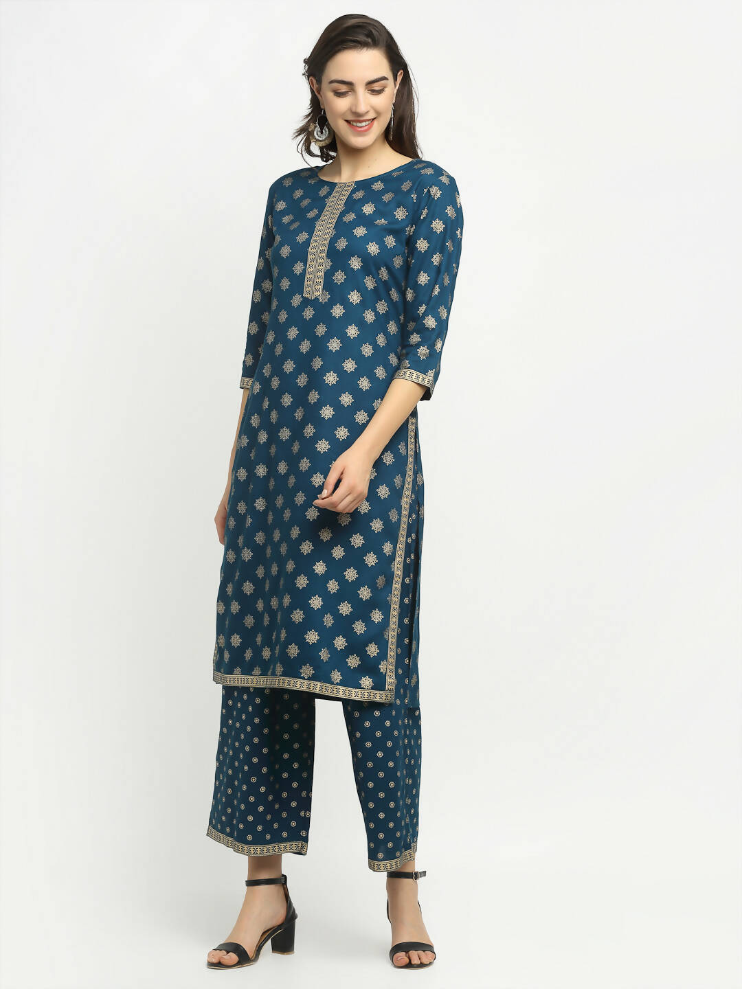 Rudra Bazaar Stright Gold Printed Kurti With Palazzo - Distacart