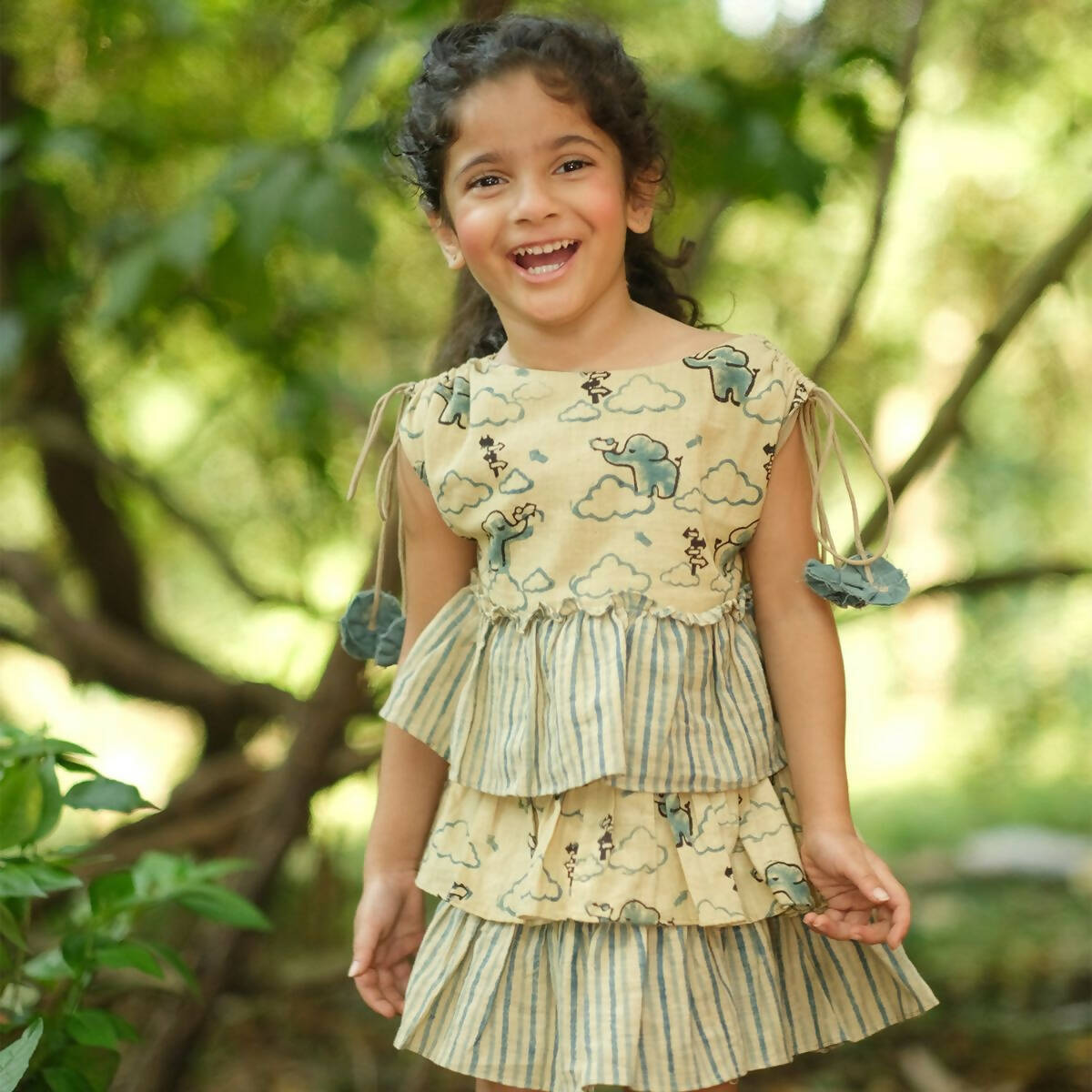 Mhyssa Beige and Blue Round Neck Flared Frock With Gathers - Distacart