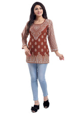 Thumbnail for Snehal Creations Faux Crepe Rust Short Kurti Tunic Top
