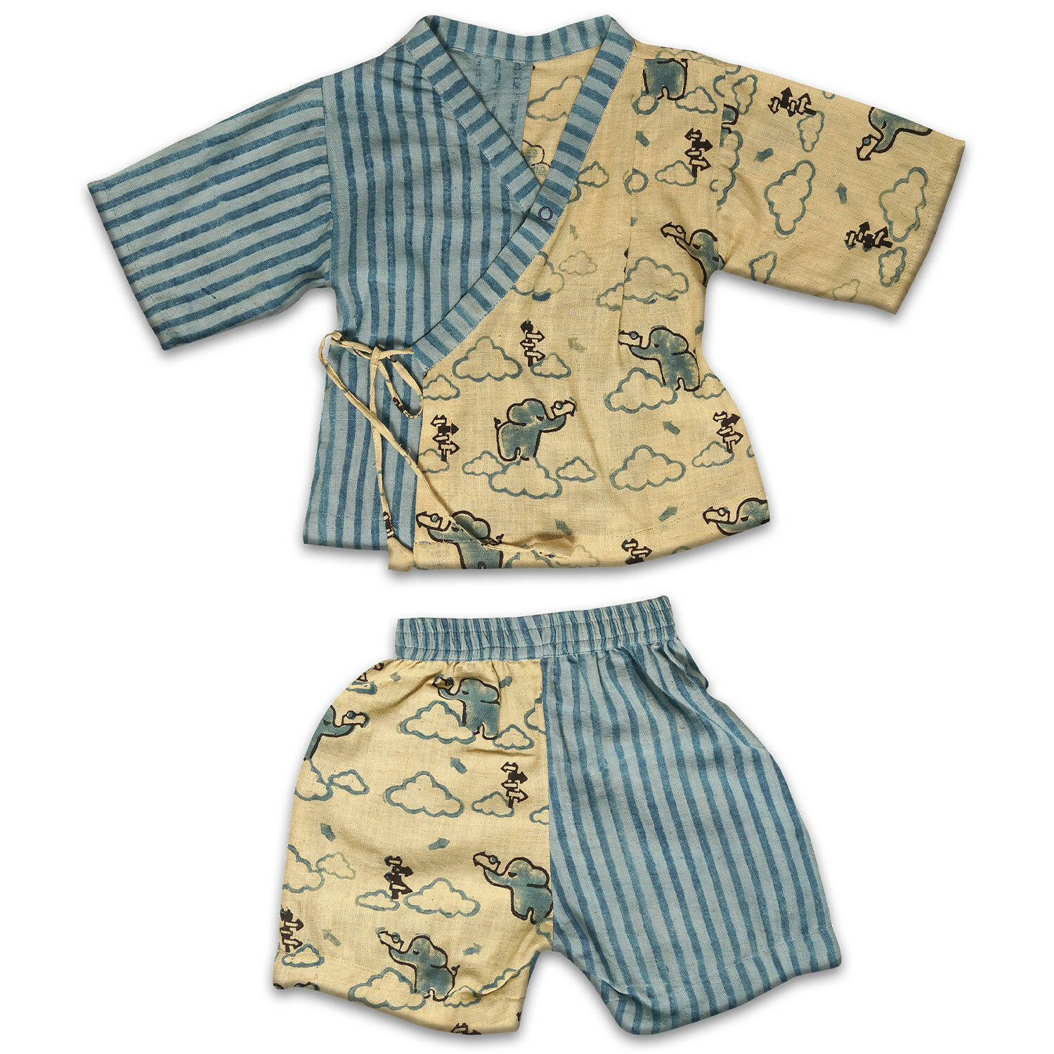 Mhyssa Blue And Beige V Neck Kimono Style Short Sleeve Printed T-shirt With Matching Shorts Set - Distacart