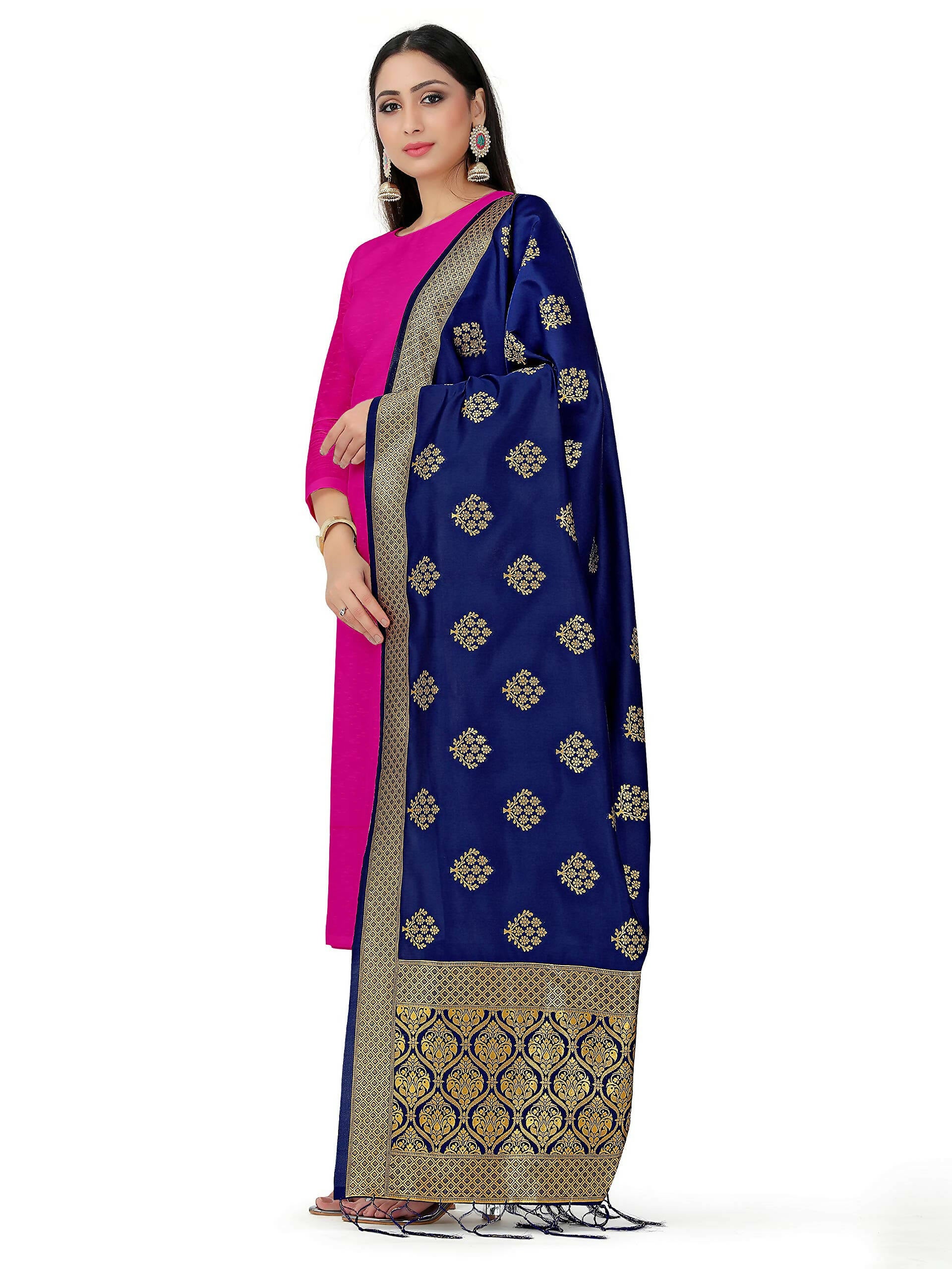 Mimosa Women's Floral Art Silk Navy Blue Dupatta - Distacart