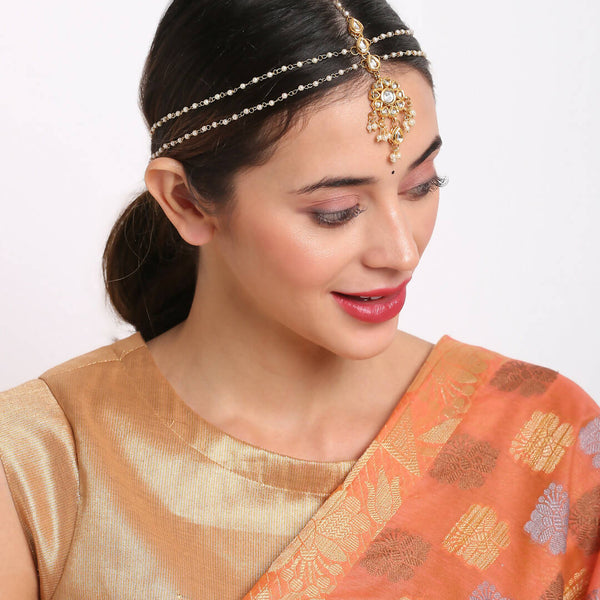 Gold-Plated White Kundan Studded Matha Patti - Ruby Raang - Distacart