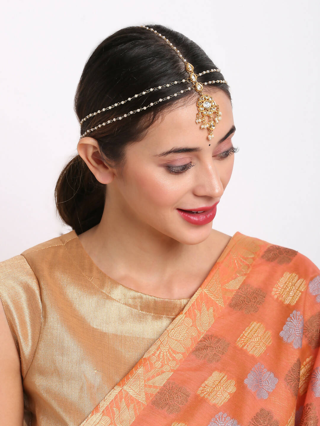 Gold-Plated White Kundan Studded Matha Patti - Ruby Raang - Distacart